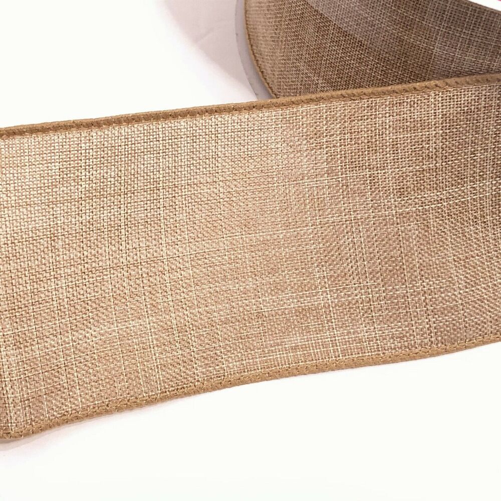Celebrate It Wired Ribbon Christmas Wreath Tan Faux Linen Jumbo 2.5 in × 75 ft - Picture 3 of 6